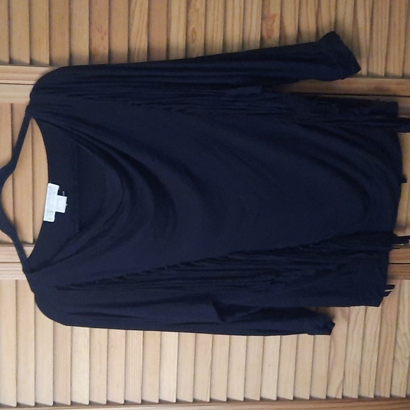 Michael Michael Kors Black Fringe Trim 3/4 Sleeve Cuff Hemline Tshirt Size SP - Picture 1 of 7